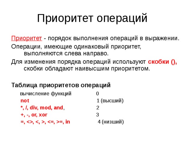 Приоритет - порядок выполнения операций в выражении. Операции, имеющие одинаковый приоритет, выполняются слева направо. Для изменения порядка операций используют скобки (), скобки обладают наивысшим приоритетом.  Таблица приоритетов операций   вычисление функций 0 n ot  1 (высший) *, /, div, mod, and ,  2 +, -, or, xor 3 =, , , =, in  4 (низший) n ot  1 (высший) *, /, div, mod, and ,  2 +, -, or, xor 3 =, , , =, in  4 (низший) 