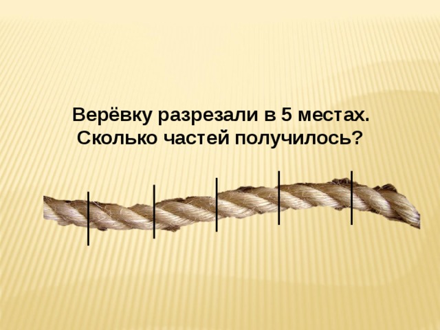 Нарезать на части. Веревка разрезанная на 5 частей. Верёвку разрезали в 5 местах сколько частей получилось ответ. Веревку разрезали в пяти частях сколько частей получится. Веревку разрезали на 3 части.