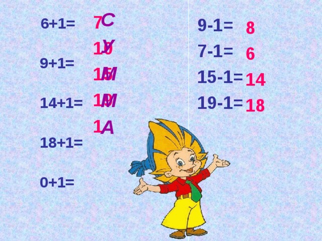 С У М М А 7 10 15 19 1 6+1= 9+1= 14+1= 18+1= 0+1= 9-1= 7-1= 15-1= 19-1=  8 6 14 18   