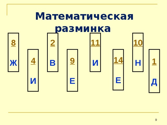 Математическая разминка  10  8  2  11  Ж В И Н 4  1  9  14  Д Е Е И  