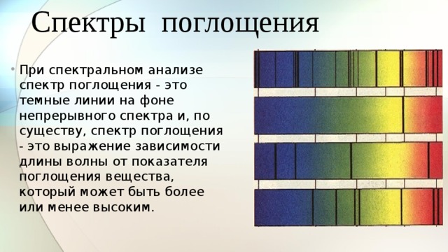 Спектры поглощения бывают. Спектр поглощения таблица физика. Спектры поглощения. Спектры поглощения веществ. Спектры испускания и поглощения.