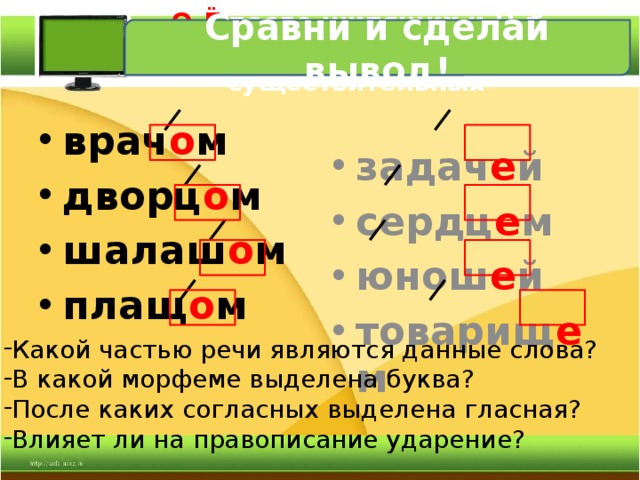 Презентация о и е после шипящих и ц в окончаниях существительных 5 класс