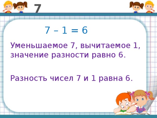 7 7 – 1 = 6 Уменьшаемое 7, вычитаемое 1, значение разности равно 6. Разность чисел 7 и 1 равна 6. 