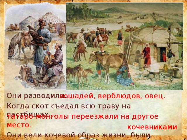 лошадей, верблюдов, овец . Они разводили… Когда скот съедал всю траву на пастбищах…  Они вели кочевой образ жизни, были… татаро-монголы переезжали на другое место. кочевниками. 
