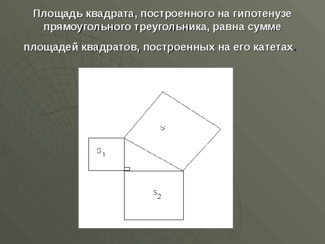 На катетах прямоугольного треугольника построены квадраты. Площадь квадрата построенного на гипотенузе. Площадь квадрата построенного на гипотенузе прямоугольного. Сумма площадей квадратов. Площадь квадрата на гипотенузе.