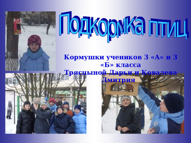 Кормушки учеников 3 «А» и 3 «Б» класса Трясцыной Дарьи и Ковалева Дмитрия 