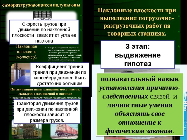 Скорость грузов при движении по наклонной плоскости зависит от угла ее наклона 3 этап: выдвижение гипотез Коэффициент трения трения при движении по конвейеру должен быть достаточно большим познавательный навык установления причинно-следственных связей и личностные умения объяснять свое отношение к физическим законам . Траектория движения грузов при движении по наклонной плоскости зависит от размера грузов.