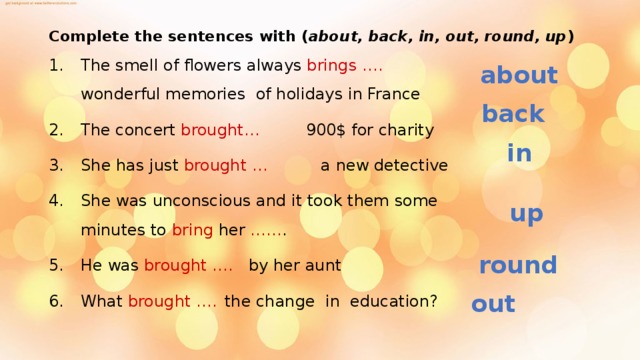 She is back he is back. The smell of Flowers always brings wonderful Memories of Holidays in France. The smell of Flowers always brings wonderful Memories of Holidays in France ответы. The smell of Flowers always brings wonderful Memories of Holidays in France the Concert brought 900$. Sentences with bring brought brought.