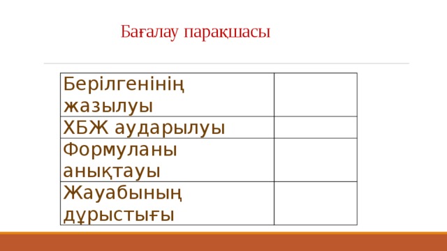Бағалау парақшасы Берілгенінің жазылуы   ХБЖ аударылуы   Формуланы анықтауы   Жауабының дұрыстығы   