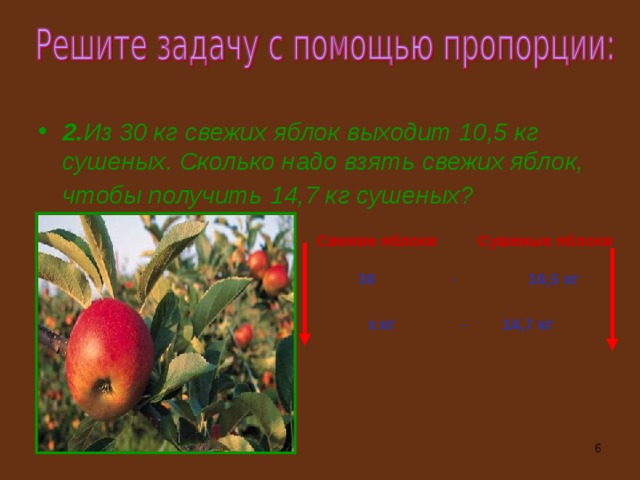 2. Из 30 кг свежих яблок выходит 10,5 кг сушеных. Сколько надо взять свежих яблок, чтобы получить  14,7 кг сушеных?  Свежие яблоки Сушеные яблоки  30 - 10,5 кг х кг - 14,7 кг  