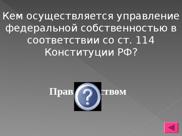 Кем осуществляется управление федеральной собственностью в соответствии со ст. 114 Конституции РФ? Правительством РФ 