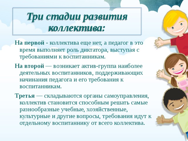 Три стадии развития коллектива: На первой - коллектива еще нет, а педагог в это время выполняет роль диктатора, выступая с требованиями к воспитанникам. На второй — возникает актив-группа наиболее деятельных воспитанников, поддерживающих начинания педагога и его требования к воспитанникам. Третья — складываются органы самоуправления, коллектив становится способным решать самые разнообразные учебные, хозяйственные, культурные и другие вопросы, требования идут к отдельному воспитаннику от всего коллектива. 