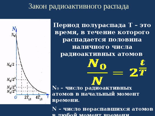 Определить число распадов. N0 в законе радиоактивного распада. Период радиоактивного распада. Закон радиоактивного распада период полураспада. Радиоактивность период полураспада.