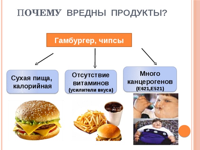 п очему вредны продукты? Гамбургер, чипсы  Много канцерогенов (Е621,Е521)  Сухая пища, Отсутствие витаминов калорийная (усилители вкуса) 