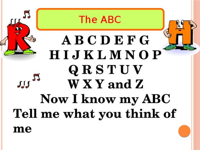 The ABC A B C D E F G H I J K L M N O P Q R S T U V W X Y and Z Now I know my ABC Tell me what you think of me 