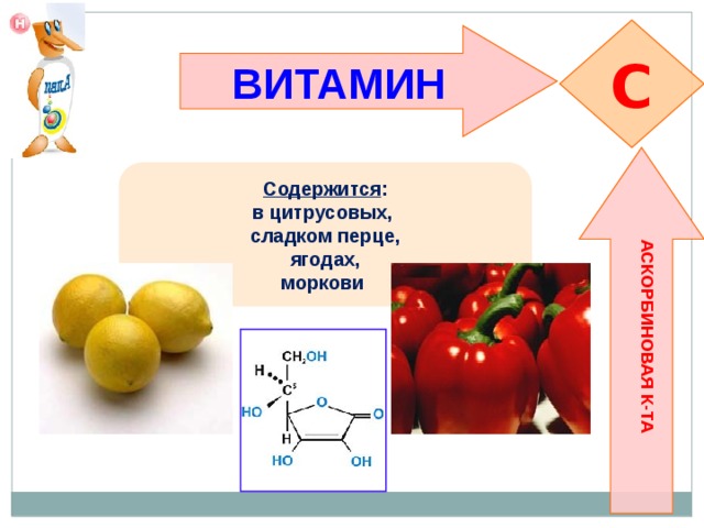 АСКОРБИНОВАЯ К-ТА C ВИТАМИН  Содержится : в цитрусовых, сладком перце, ягодах, моркови   