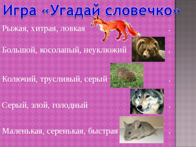 Рыжая, хитрая, ловкая . Большой, косолапый, неуклюжий . Колючий, трусливый, серый . Серый, злой, голодный . Маленькая, серенькая, быстрая . 