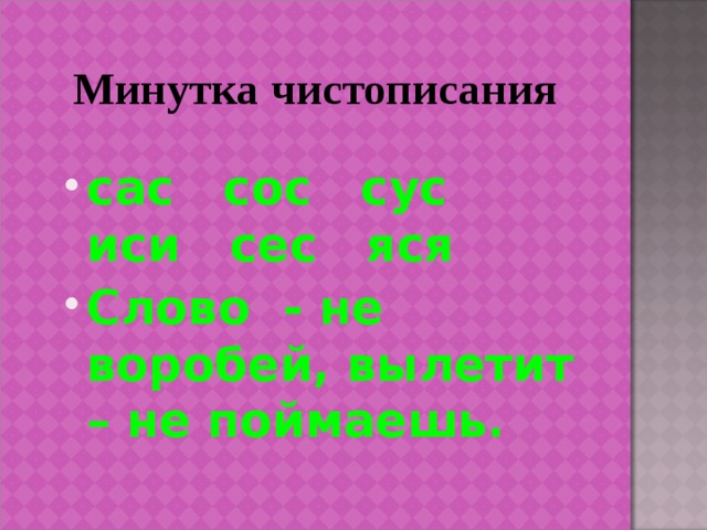 Минутка чистописания сас сос сус иси сес яся Слово - не воробей, вылетит – не поймаешь. 