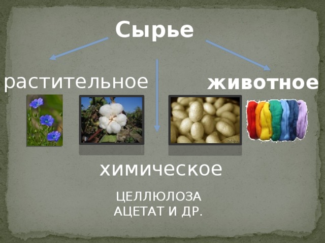 Сырье  растительное животное химическое ЦЕЛЛЮЛОЗА АЦЕТАТ И ДР. 