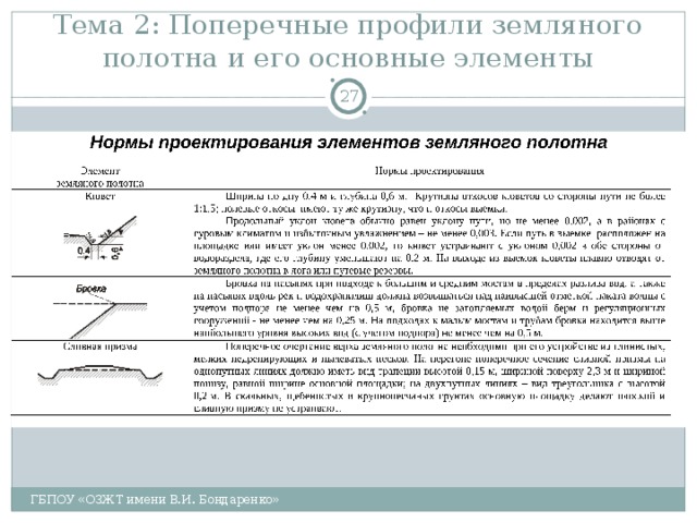 Тема 2: Поперечные профили земляного полотна и его основные элементы  ГБПОУ «ОЗЖТ имени В.И. Бондаренко» 