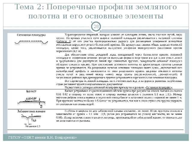 Тема 2: Поперечные профили земляного полотна и его основные элементы  ГБПОУ «ОЗЖТ имени В.И. Бондаренко» 