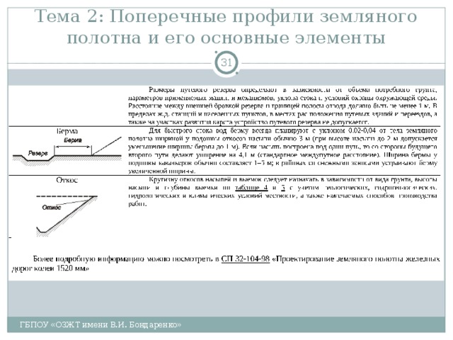 Тема 2: Поперечные профили земляного полотна и его основные элементы  ГБПОУ «ОЗЖТ имени В.И. Бондаренко» 