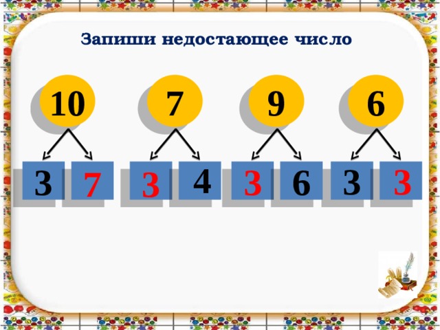 Запиши недостающее число 6 10 7 9 4 3 3 6 3 3 3 7 