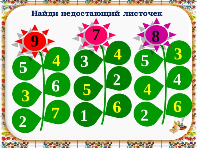 Найди недостающий листочек 7 8 9 3 4 4 5 3 5 4 2 6 4 5 3 6 6 7 2 1 2 