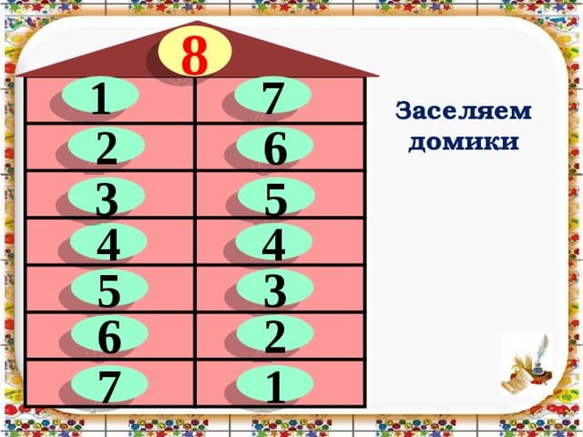 Состав 1 10. Домик числа 8. Числовые домики состав числа 8. Числовой домик цифра 8. Засели домик цифра 8.