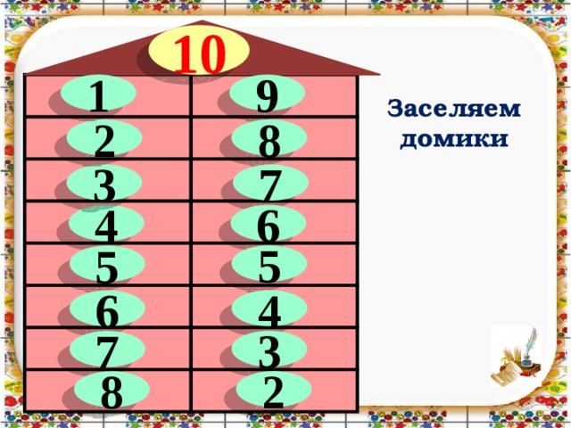 10 1 9 Заселяем домики 2 8 3 7 6 4 5 5 4 6 3 7 2 8 