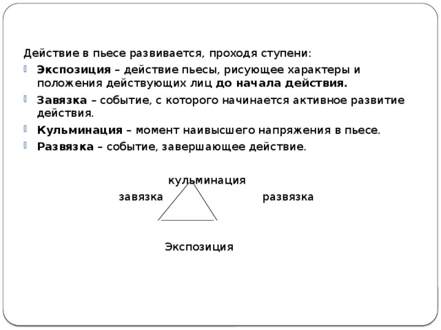 Действие в пьесе развивается, проходя ступени: Экспозиция – действие пьесы, рисующее характеры и положения действующих лиц до начала действия. Завязка – событие, с которого начинается активное развитие действия. Кульминация – момент наивысшего напряжения в пьесе. Развязка – событие, завершающее действие.  кульминация  завязка развязка  Экспозиция