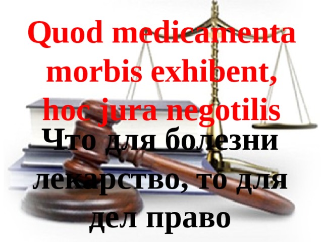 Quod medicamenta morbis exhibent, hoc jura negotilis Что для болезни лекарство, то для дел право 
