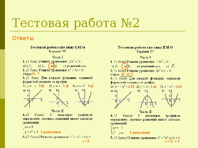 Тестовая работа №2 Ответы 0; 7 0; -0,5 б) а) в) б) а) в) 3 решения 3 решения ± √3; ± 2 ± √2 