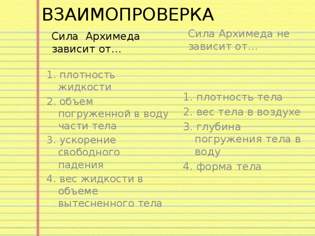 ВЗАИМОПРОВЕРКА   Сила Архимеда зависит от… Сила Архимеда не зависит от… 1. плотность жидкости 1. плотность тела 2. объем погруженной в воду части тела 2. вес тела в воздухе 3. ускорение свободного падения 3. глубина погружения тела в воду 4. вес жидкости в объеме вытесненного тела 4. форма тела 