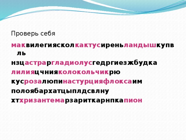 Проверь себя мак вилегияскол кактус ирень ландыш купвль нзц астра р гладиолус гедргиезжбудка лилия цчния колокольчик рю кус роза люпи настурцияфлокса им полоябархатцыплдсвлну хт хризантема рзариткарнпка пион 