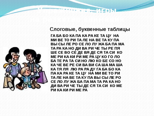 Упражнения, игры на развитие внимания Слоговые, буквенные таблицы ГА БА БО КА ПА КА РА КЕ ТА ЦУ НА МИ ВЕ ТО РИ ТА ЛЕ НА ВЕ ТА КУ ПА ВЫ СЫ ЛЕ РО СЕ ЛО ЛУ ЖА БА ПА МА ТА РА КА НО ДИ ВА РИ ЧЕ ТЫ РЕ ПЯ ШЕ СЕ ВО СЕ ДЕ ВЯ ДЕ СЯ ТА СИ КО МЕ РИ КА КИ РИ МЕ РА ЦУ КО ГО ЛО БА ТЕ РА ТА СИ НО ЛЮ КО БЕ СО НО КА ЧЕ ВЕ РЕ СИ ВА ВИ СА ША МА ША КА ТЯ ЛЯ ЛЮ РА РА ДУ ГА БА БО КА ПА КА РА КЕ ТА ЦУ НА МИ ВЕ ТО РИ ТА ЛЕ НА ВЕ ТА КУ ПА ВЫ СЫ ЛЕ РО СЕ ЛО ЛУ ЖА БА ПА МА ТА РА КА НО ДИ ВА РИ ЧЕ ТЫ ДЕ СЯ ТА СИ КО МЕ РИ КА КИ РИ МЕ РА 