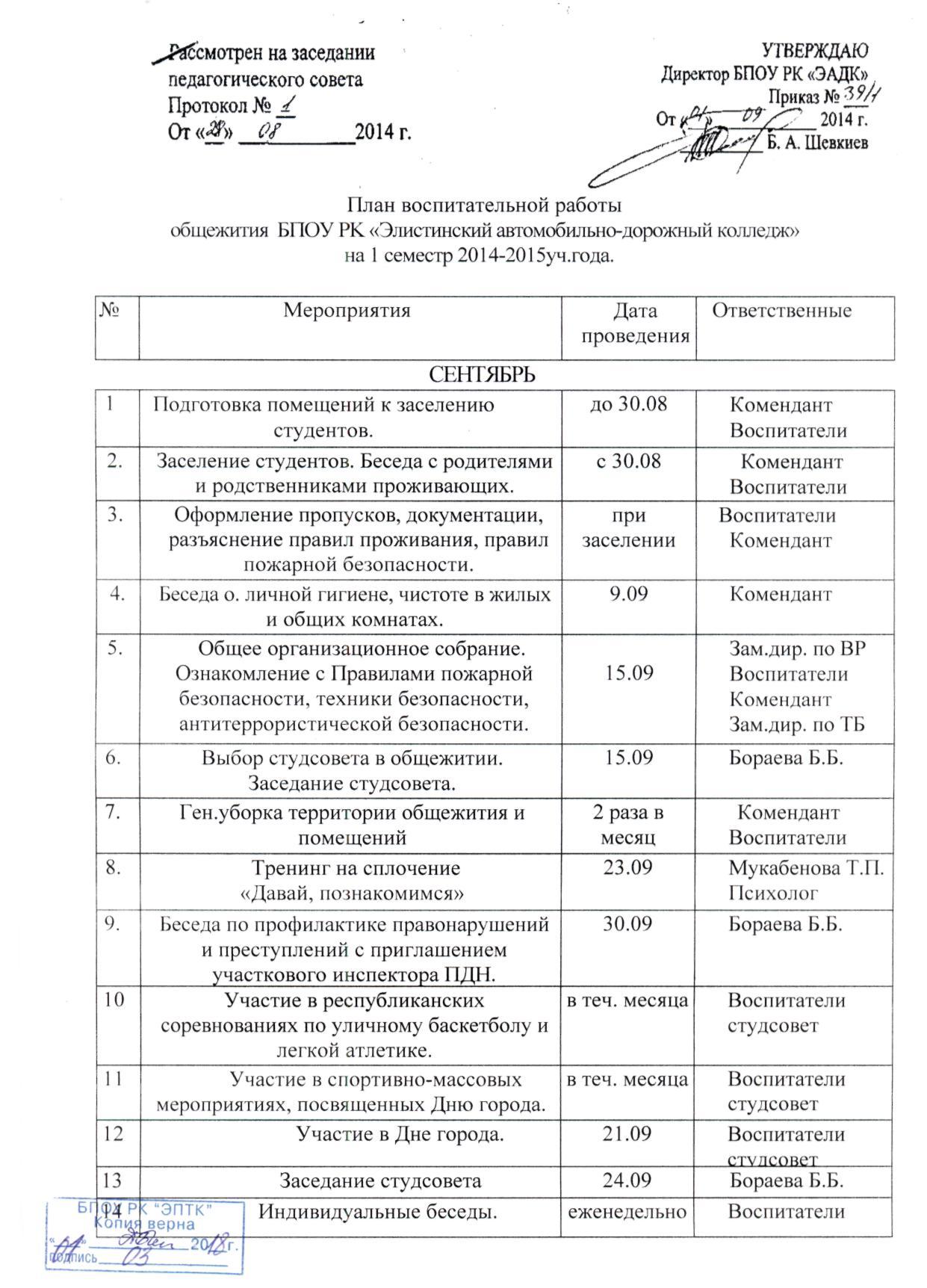 План работы воспитательной работы в общежитии