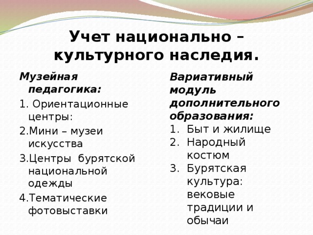 Учет национально – культурного наследия. Вариативный модуль дополнительного образования: Быт и жилище Народный костюм Бурятская культура: вековые традиции и обычаи Музейная педагогика: 1. Ориентационные центры: 2.Мини – музеи искусства 3.Центры бурятской национальной одежды 4.Тематические фотовыставки 