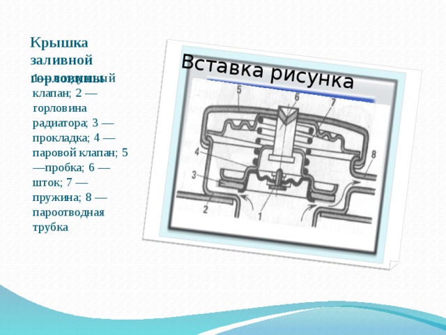 Вставка рисунка Крышка заливной горловины 1— воздушный клапан; 2 — горловина радиатора; 3 — прокладка; 4 — паровой клапан; 5—пробка; 6 — шток; 7 — пружина; 8 — пароотводная трубка 