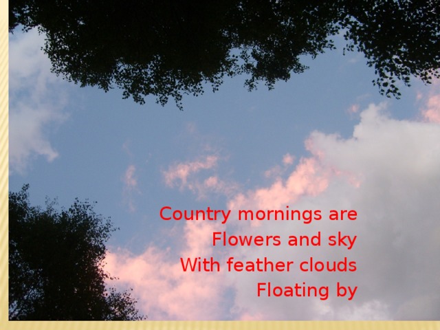 Country mornings are  Flowers and sky With feather clouds Floating by 