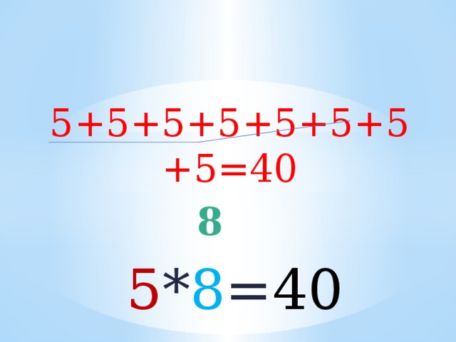 5+5+5+5+5+5+5+5=40  8   5 * 8 = 40 