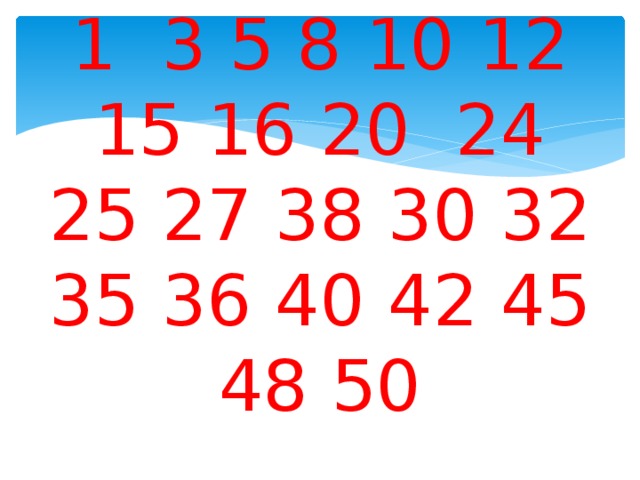     1 3 5 8 10 12 15 16 20 24 25 27 38 30 32 35 36 40 42 45 48 50 