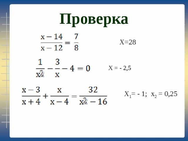 Проверка Х=28 Х = - 2,5 Х 1 = - 1; х 2 = 0,25 