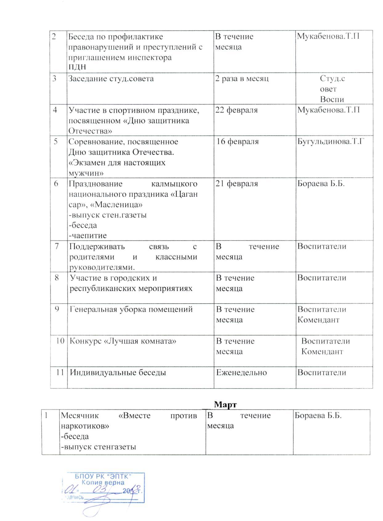 План работы в общежитии колледжа со студентами