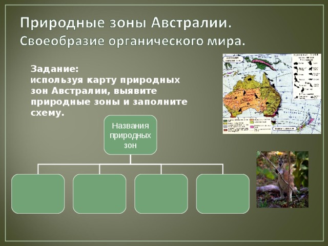 Задание: и спользуя карту природных зон Австралии, выявите природные зоны и заполните схему. 