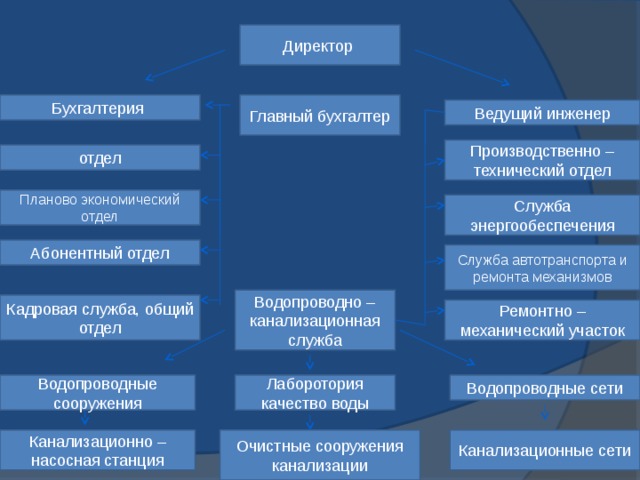 Директор Бухгалтерия Главный бухгалтер Ведущий инженер Производственно – технический отдел отдел Планово экономический отдел Служба энергообеспечения Абонентный отдел Служба автотранспорта и ремонта механизмов Водопроводно – канализационная служба Кадровая служба, общий отдел Ремонтно – механический участок Лаборотория качество воды Водопроводные сети Водопроводные сооружения Канализационно – насосная станция Очистные сооружения канализации Канализационные сети 