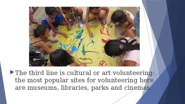 The third line is cultural or art volunteering: the most popular sites for volunteering here are museums, libraries, parks and cinemas. 