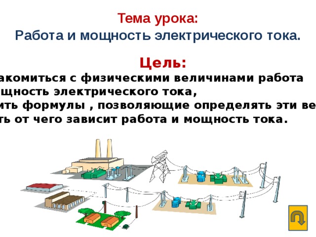 Тема урока:  Работа и мощность электрического тока. Цель:  познакомиться с физическими величинами работа  и мощность электрического тока,  усвоить формулы , позволяющие определять эти величины,  узнать от чего зависит работа и мощность тока. 