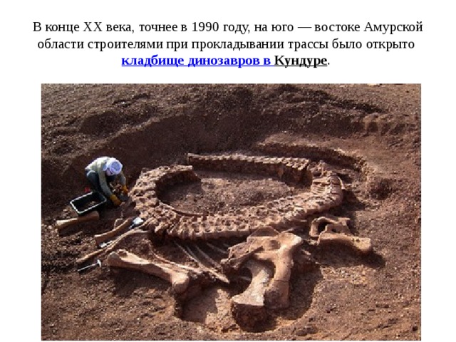 В конце ХХ века, точнее в 1990 году, на юго — востоке Амурской области строителями при прокладывании трассы было открыто кладбище динозавров в  Кундуре . 