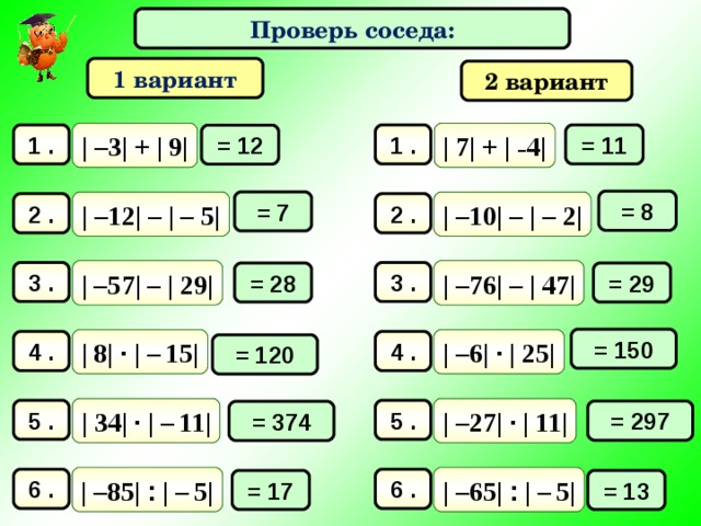 Математический диктант Проверь соседа: 1 вариант 2 вариант | –3| + | 9| | 7| + | – 4| 1 . = 11 1 . = 12 = 8 = 7 | –12| – | – 5| | –10| – | – 2| 2 . 2 . | –57| – | 29| | –76| – | 47| 3 . 3 . = 28 = 29 = 150 | –6| · | 25| | 8| · | –  15| 4 . 4 . = 120 | 34| · | –  11| | –27| · | 11| 5 . 5 . = 297 = 374 | –65| : | –  5| | –85| : | –  5| 6 . 6 . = 17 = 13 